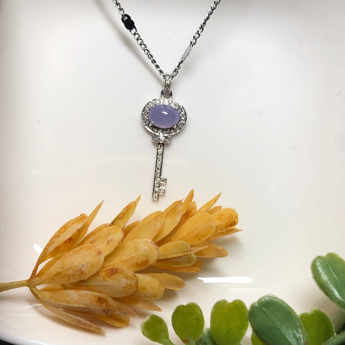 18K White Gold Icy Lavender Cabochon Jadeite Jade Key to my Heart Pendant