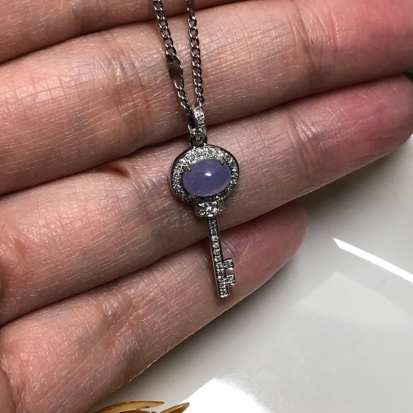18K White Gold Icy Lavender Cabochon Jadeite Jade Key to my Heart Pendant