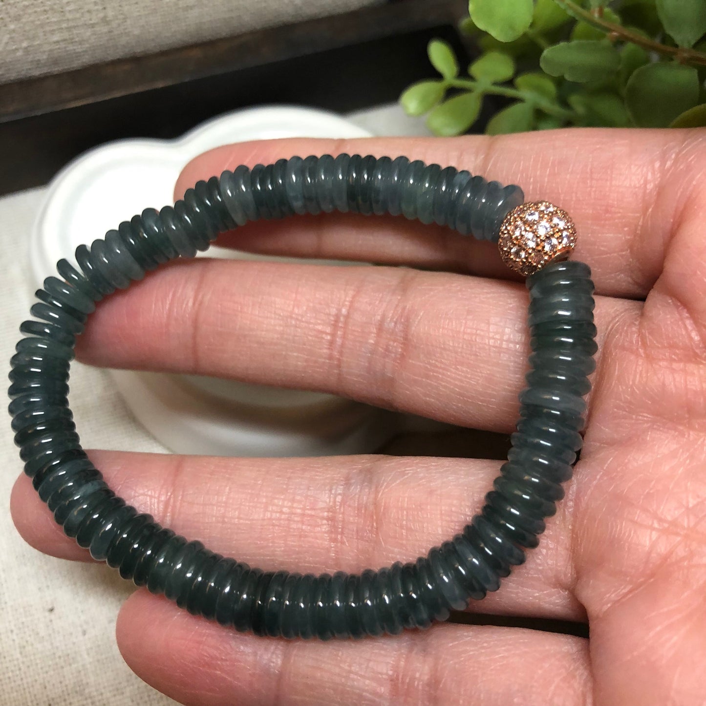 6mm Icy Blue Green Mini Peace Donut Jadeite Jade Bead Bracelet