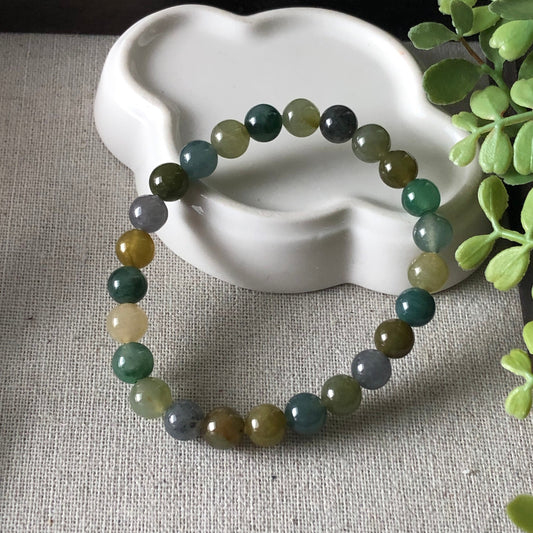 7.5mm Icy Asst Green Yellow Brown Blue Wuji Jadeite Jade Bead Bracelet