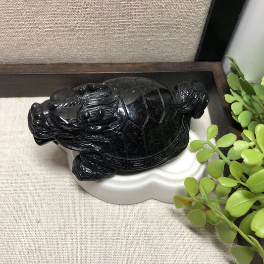 86mm Black Wuji Jadeite Jade Carved Dragon Turtle Display Pendant