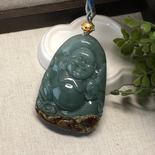 69.5mm Big Blue Green Jadeite Jade Carved Happy Buddha Pendant Neck Rope Tie