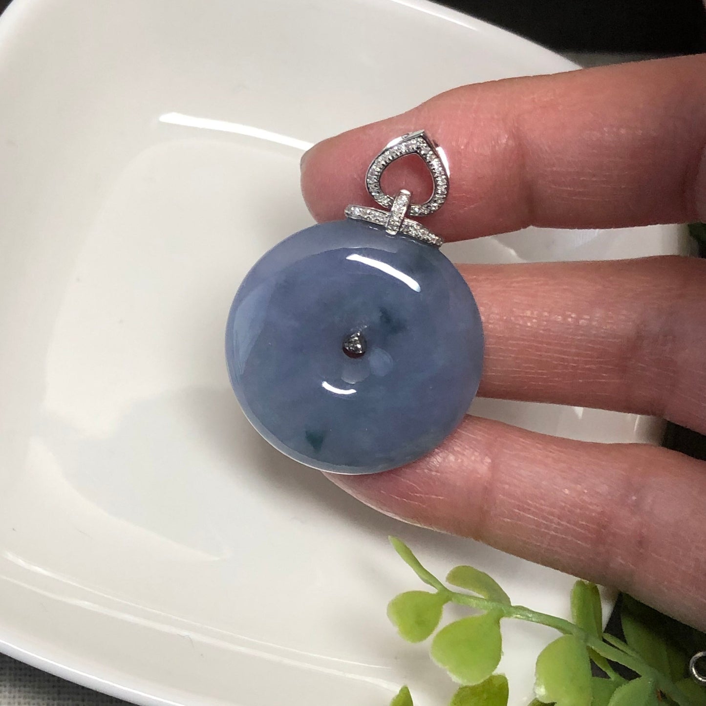 18K White Gold Lavender Green Float Flowers Jadeite Jade Peace Donut Pendant