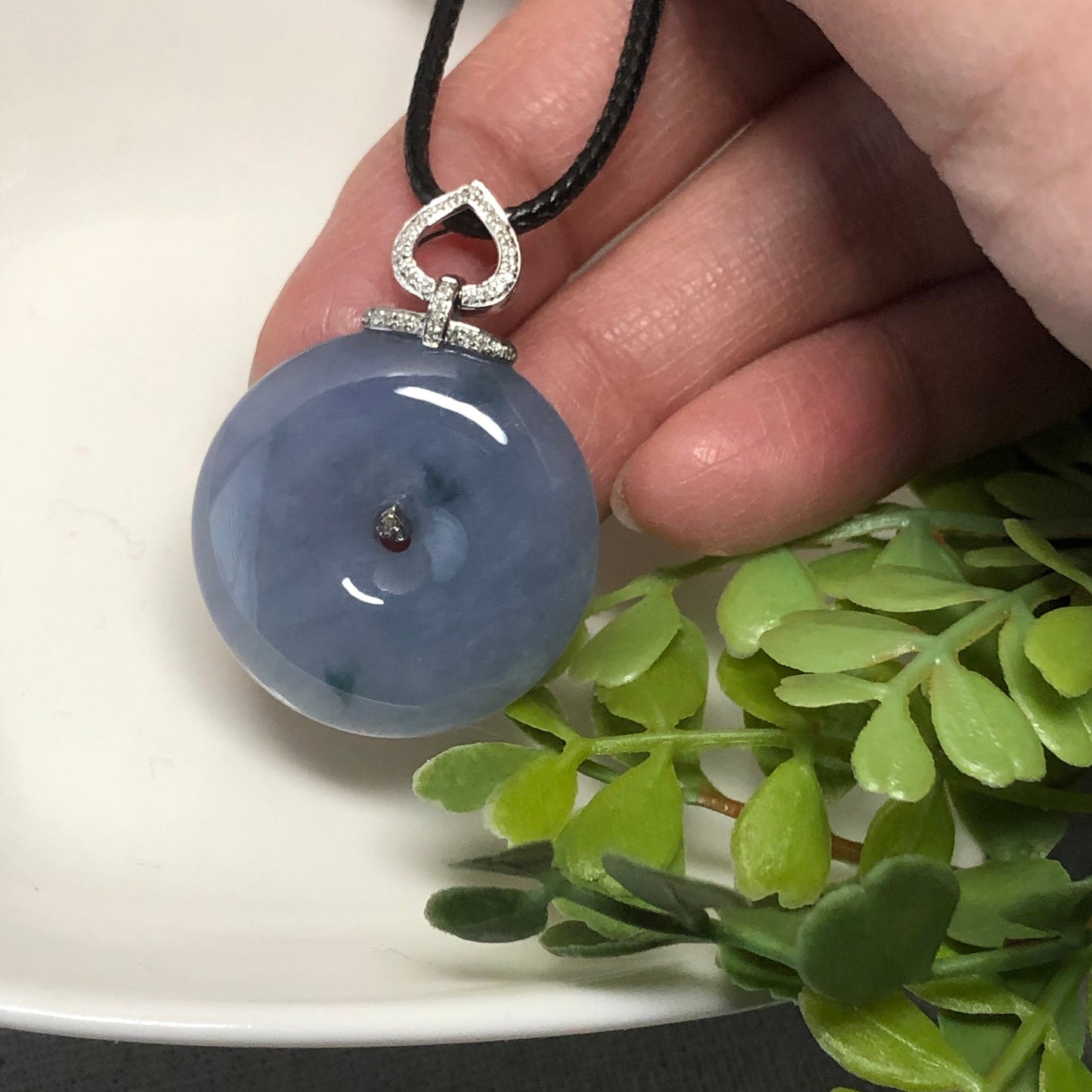 18K White Gold Lavender Green Float Flowers Jadeite Jade Peace Donut Pendant