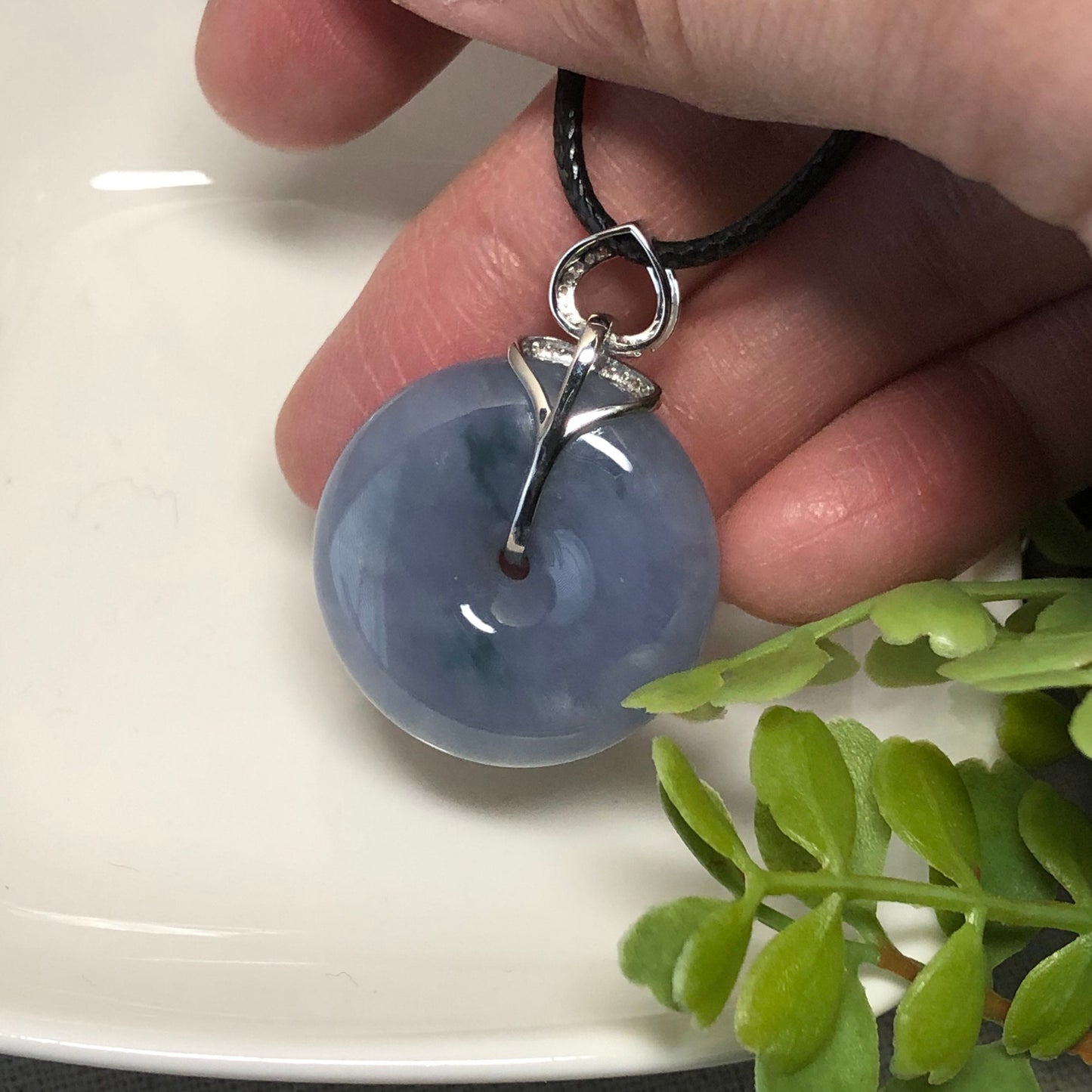 18K White Gold Lavender Green Float Flowers Jadeite Jade Peace Donut Pendant