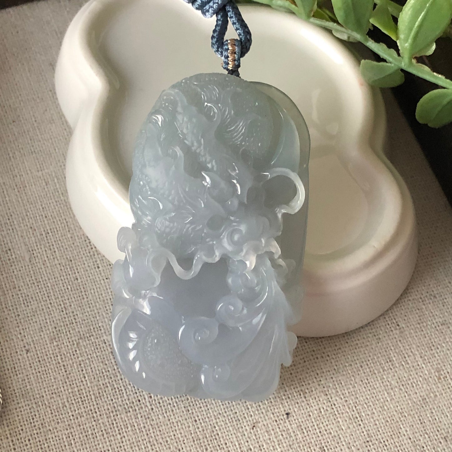 60 mm Icy Sky Blue Glutinous Jadeite Jade Carved Dragon Pendant