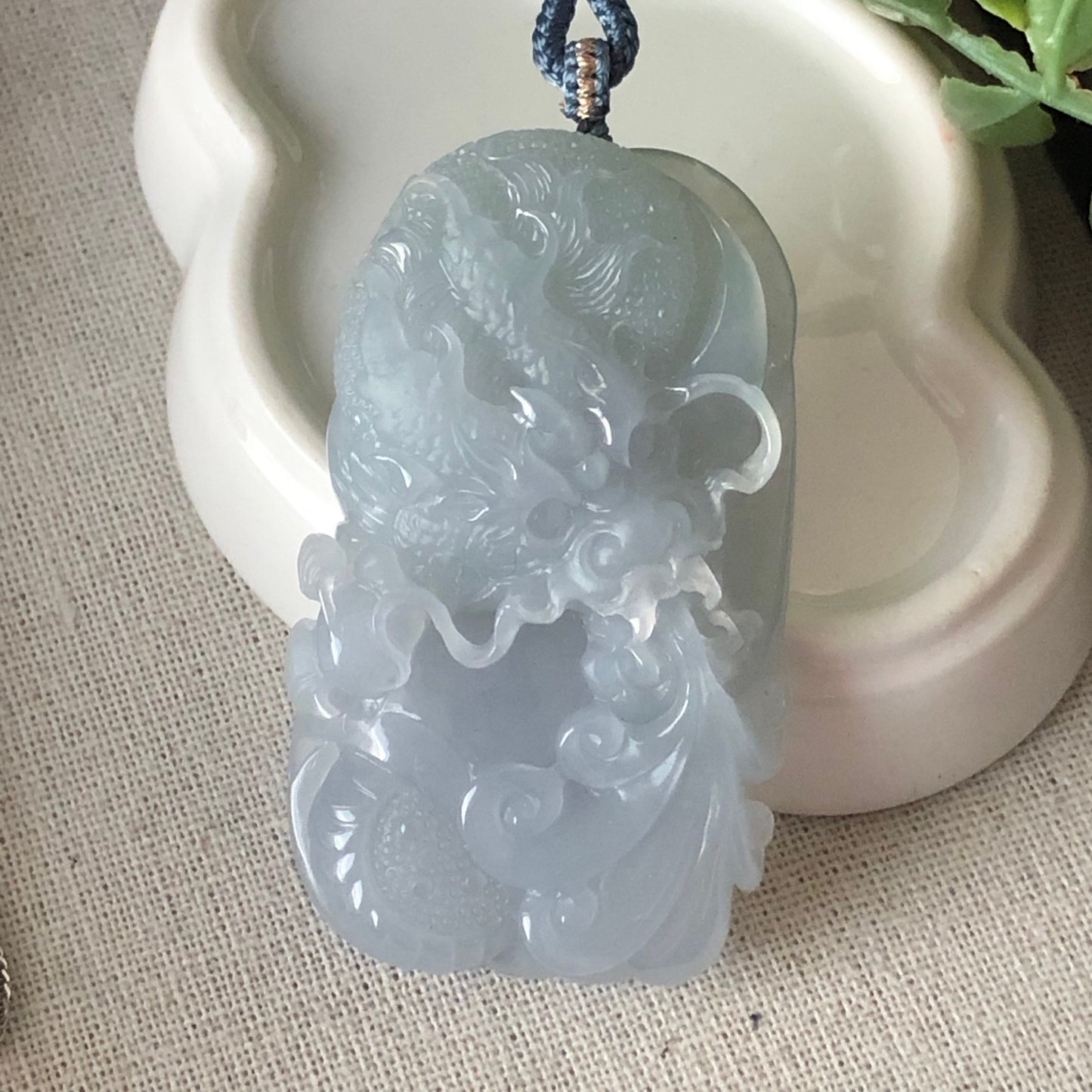 60 mm Icy Sky Blue Glutinous Jadeite Jade Carved Dragon Pendant