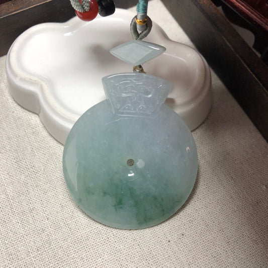 56.2 mm Icy Green Floating Flowers Jadeite Jade Peace Donut Pendant RARE