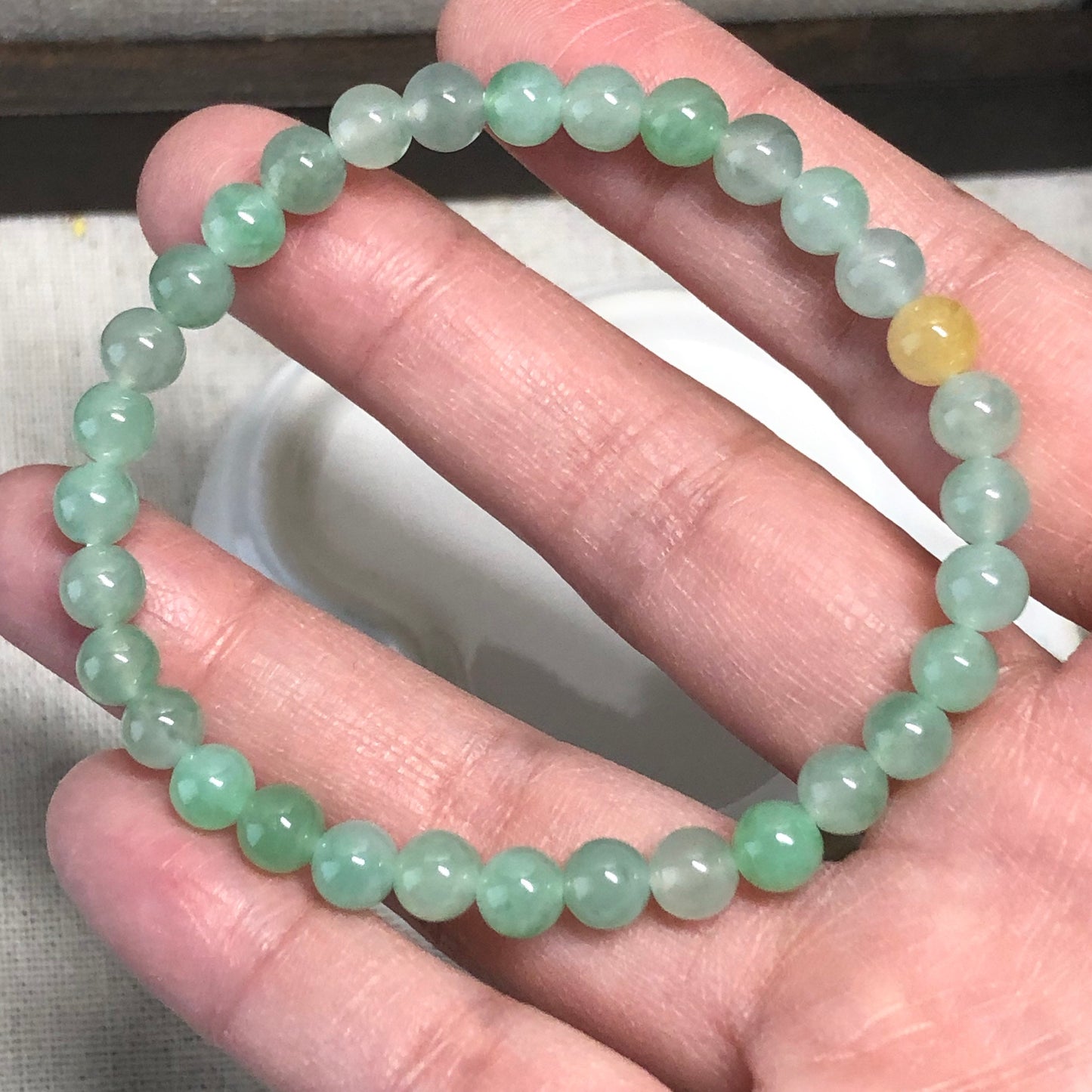 6 mm Icy Green Yellow Jadeite Jade Bead Bracelet
