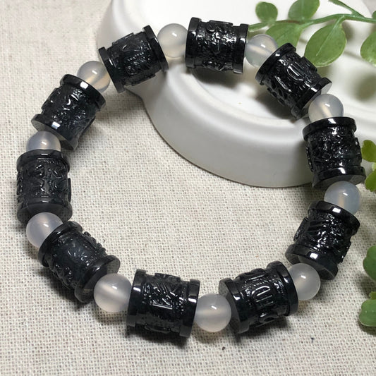 11mm Icy Moist Wuji Black Jadeite Jade Six Word Blessing Bead Bracelet