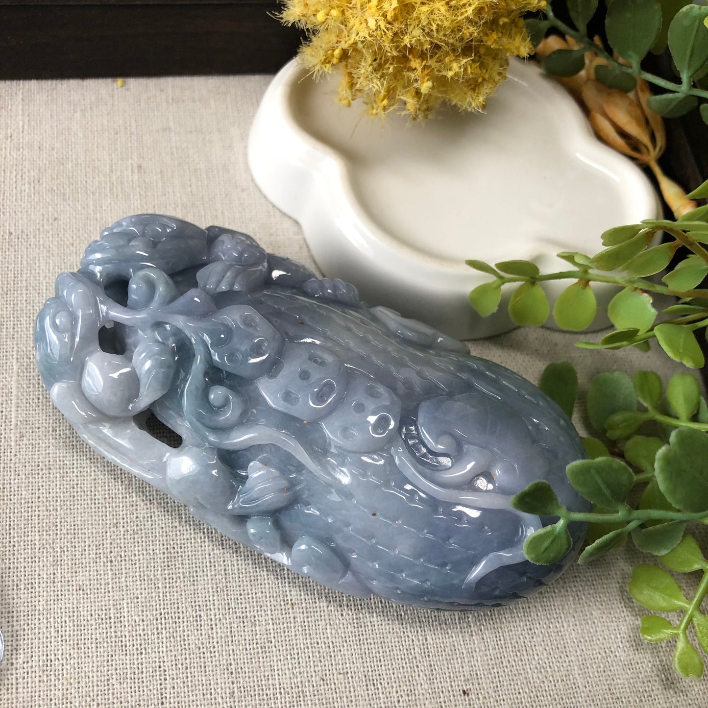 Reserved: 98.8mm Blue Lavender Jadeite Jade Carved Pixiu Peanut 3 Legged Toad Display