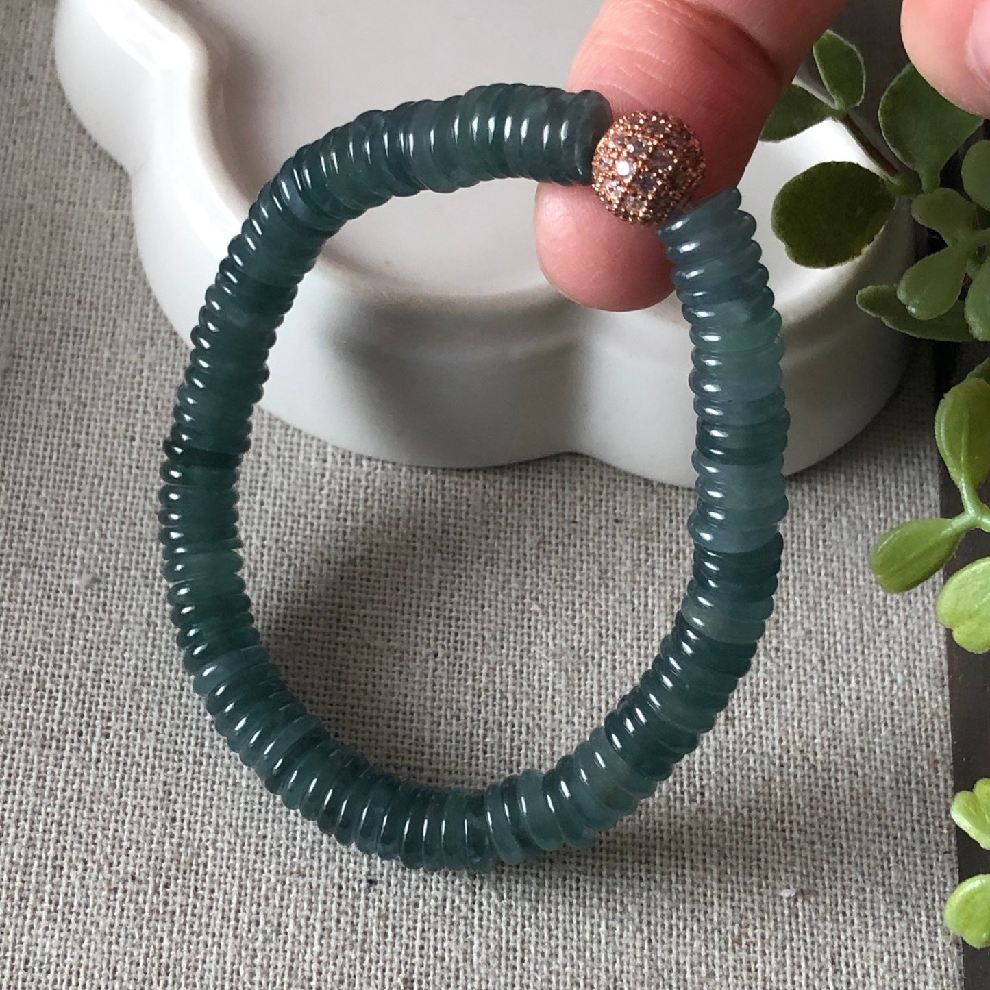 6mm Icy Blue Green Mini Peace Donut Jadeite Jade Bead Bracelet