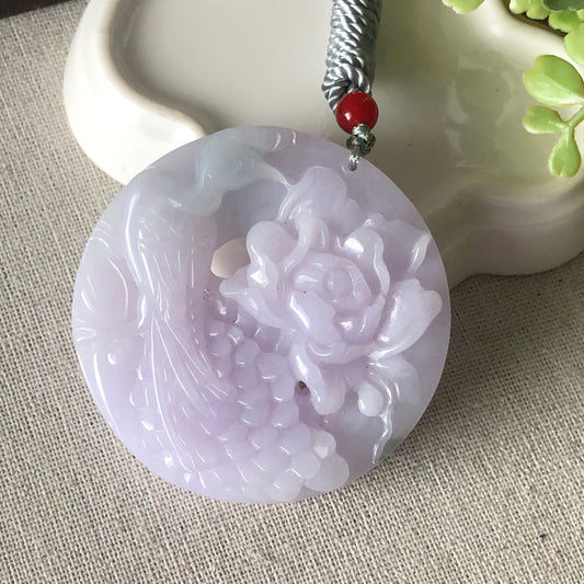 53.7 mm Grade Icy Lavender Jadeite Jade Carved Peacock Flower Pendant