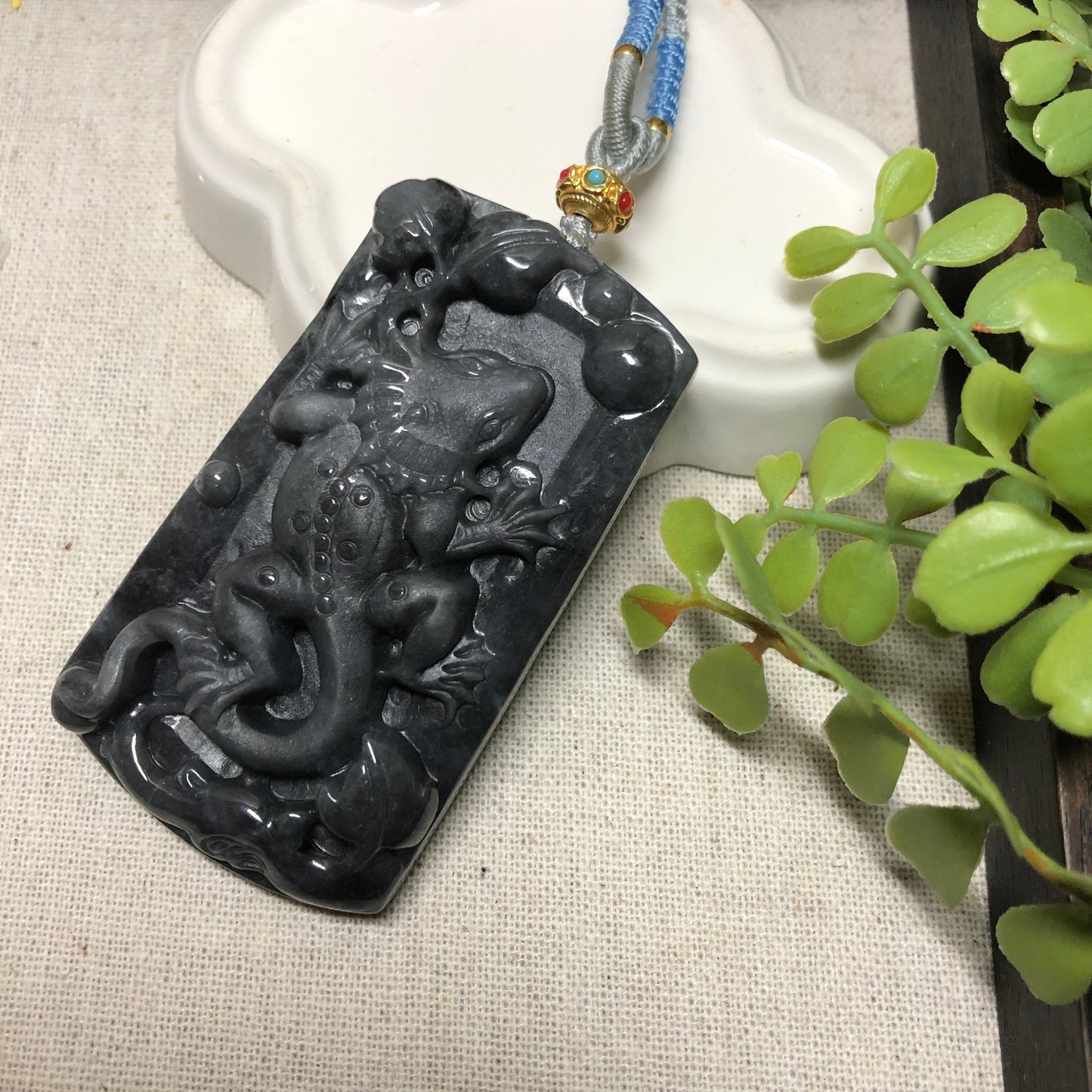 67.7 mm Jadeite Jade Wuji Black Carved Lizard Pendant