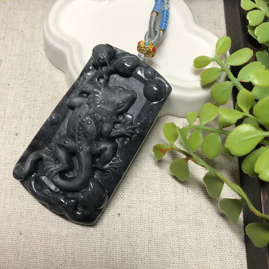 67.7 mm Jadeite Jade Wuji Black Carved Lizard Pendant