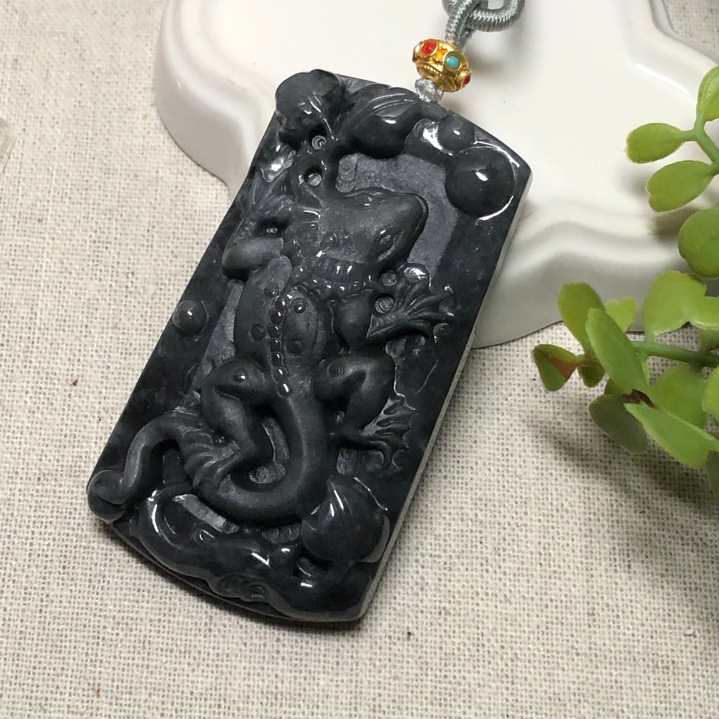 67.7 mm Jadeite Jade Wuji Black Carved Lizard Pendant