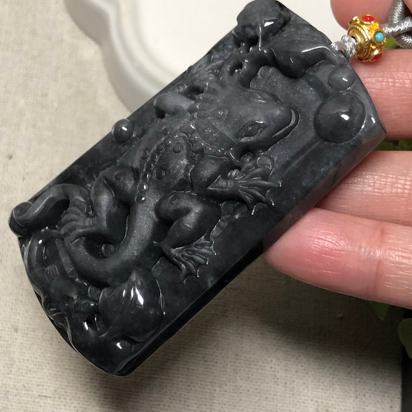 67.7 mm Jadeite Jade Wuji Black Carved Lizard Pendant