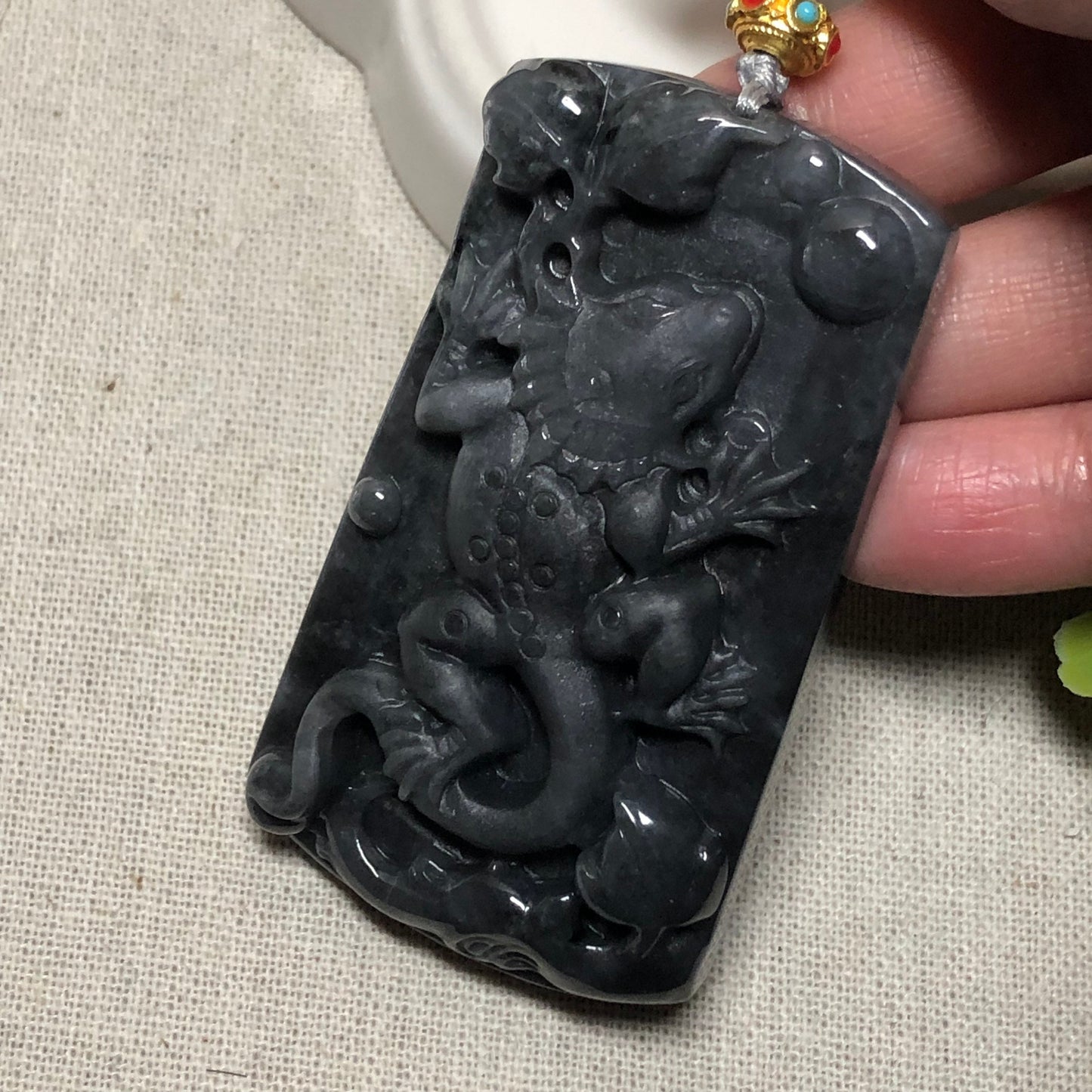 67.7 mm Jadeite Jade Wuji Black Carved Lizard Pendant