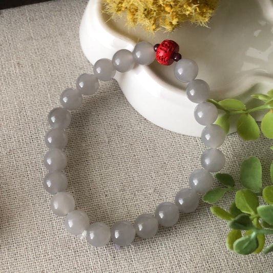 8 mm Icy Smoky Lavender Hetian Jade Bead Bracelet Red Carved Blessing Bead