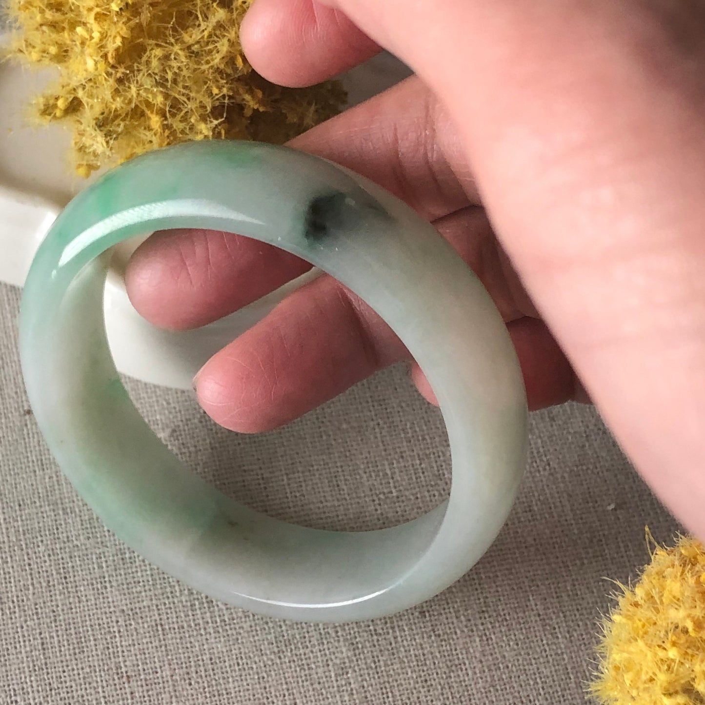 55mm Big Yang Green Yellow Float Flower Jadeite Jade Bangle