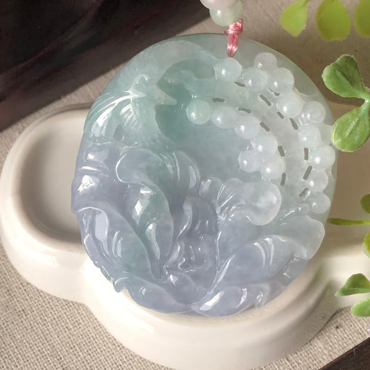 52.7 Icy Duo Blue Lavender Jadeite Jade Carved Flower Bird Scenery Pendant