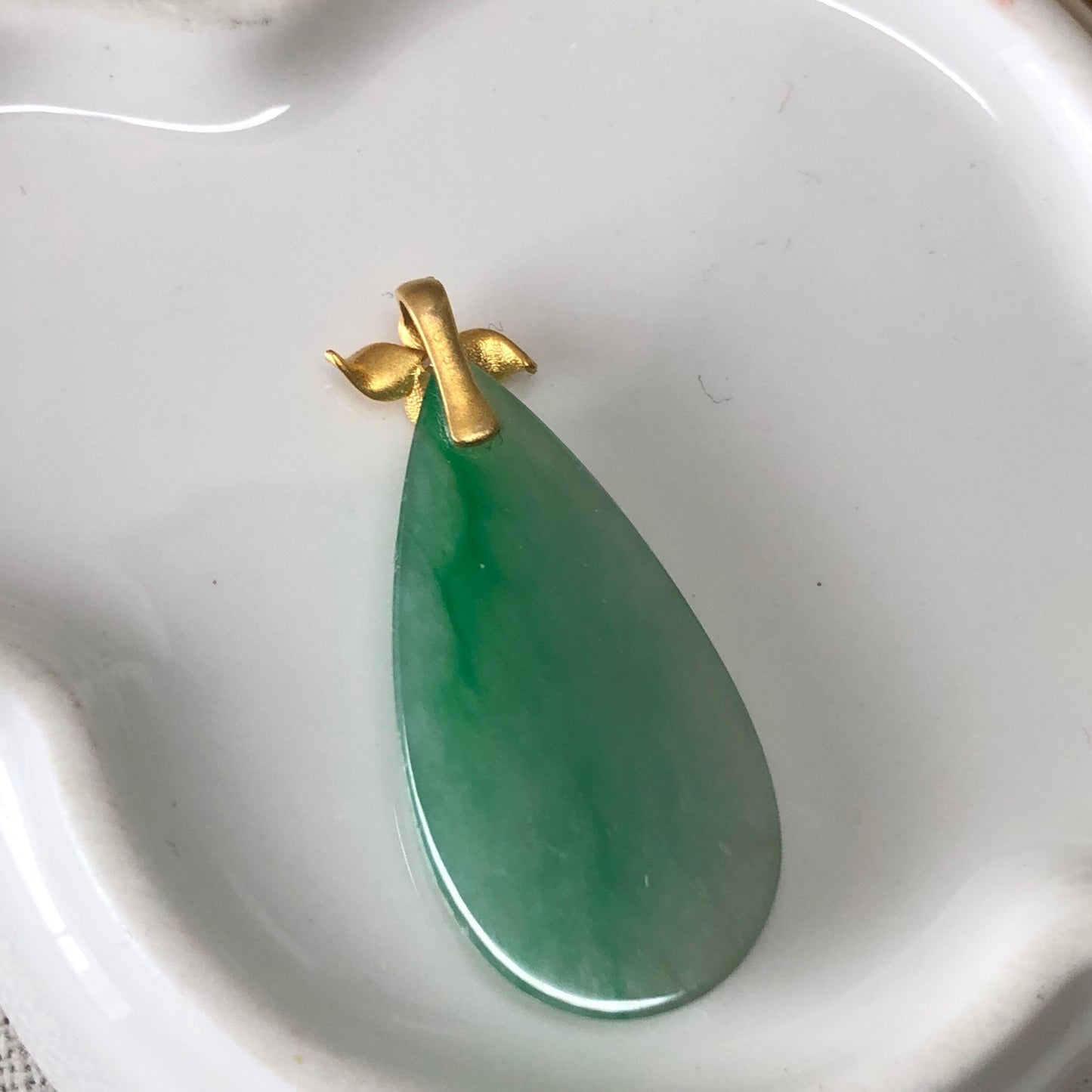 18K yellow gold bail 32mm Green Jadeite Jade Waterdrop Pendant