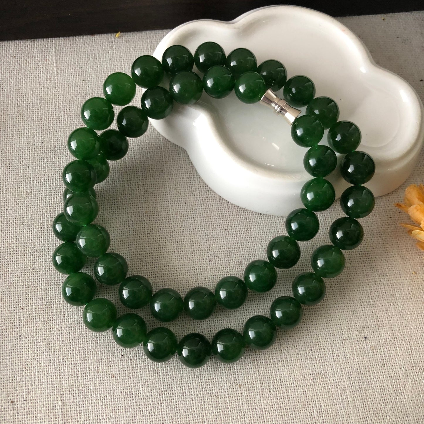 9.5mm Icy Imperial Green Hetian Nephrite Jade Bead Necklace Bracelet 50 PCs.