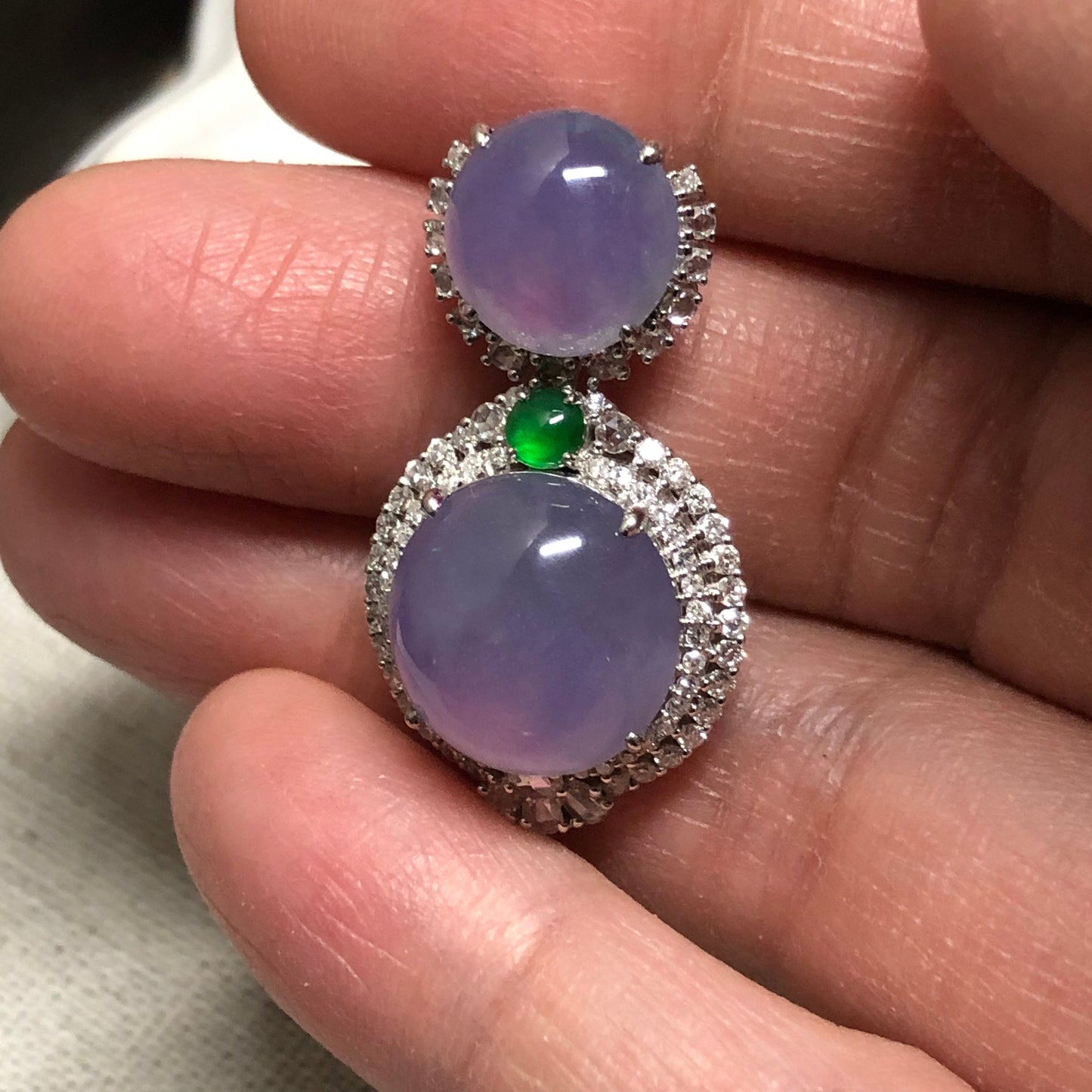 18K White Gold Lavender Fuscia Jadeite Jade Double Cabochon Pendant