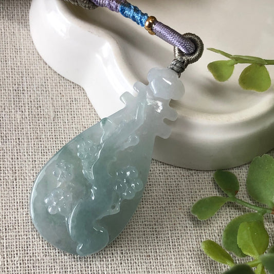 48 mm Icy Green Float Flowers Jadeite Jade Carved Chinese Instrument Flowers Pendant