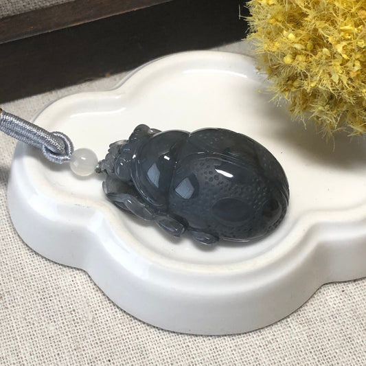 40mm Icy Wuji Black Jadeite Jade Ladybug Pendant Display