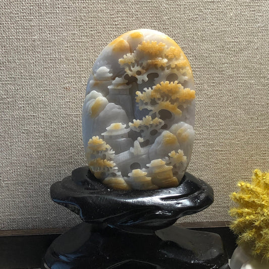 91.2mm Jadeite Jade Yellow White Carved Statue Display Scenery Landscape
