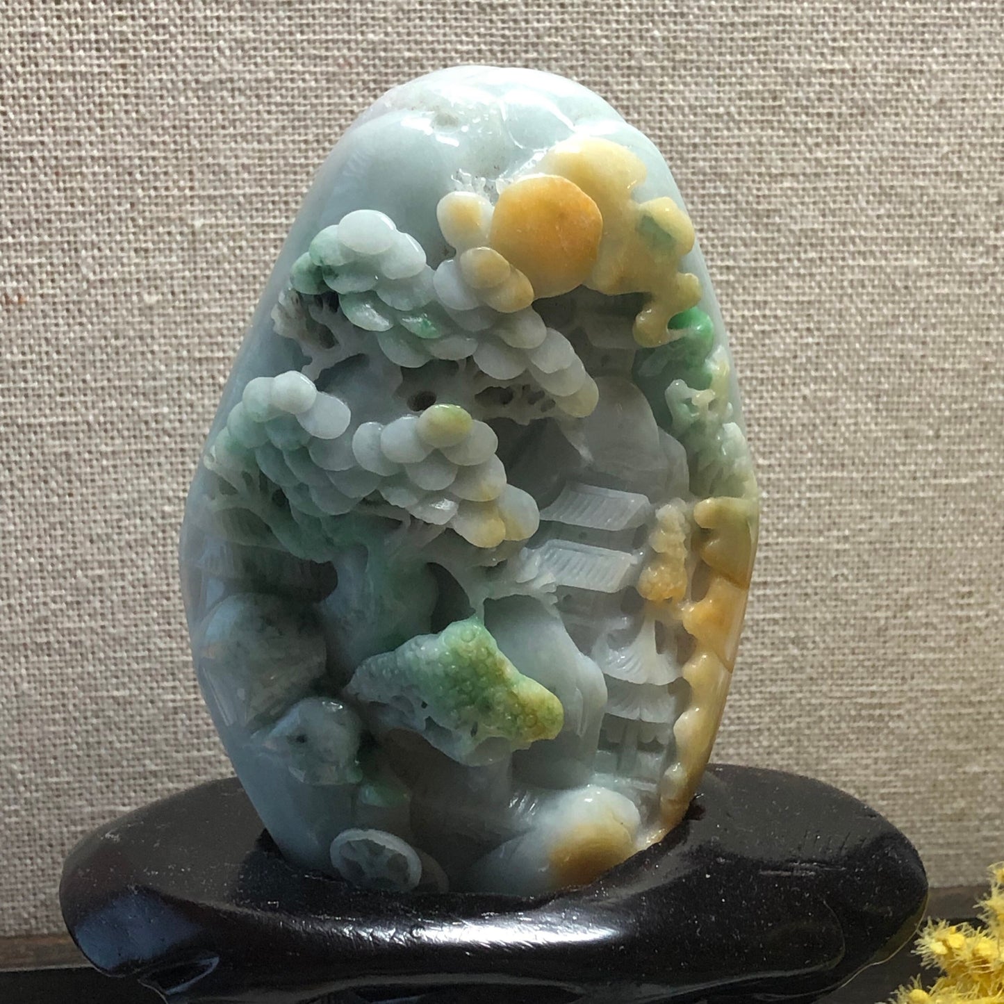 91.2mm Jadeite Jade Yellow Green Carved Statue Display Scenery Landscape