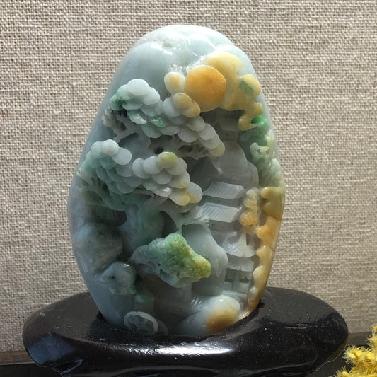 91.2mm Jadeite Jade Yellow Green Carved Statue Display Scenery Landscape