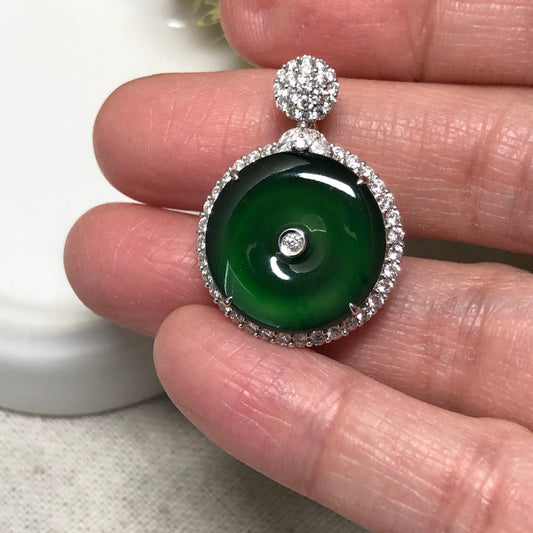 18K White Gold 29mm Imperial Blue Water Green Jadeite Jade Peace Donut Pendant