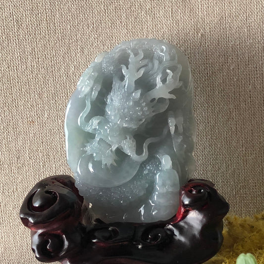 91.2mm Jadeite Jade Icy Glutinous Sky Blue Carved Dragon Statue Display