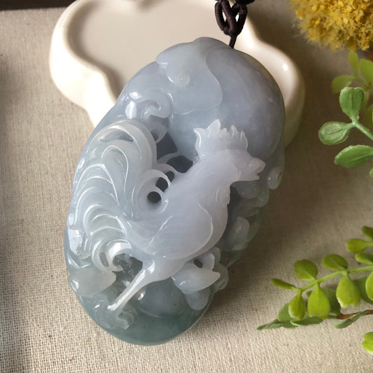 Reserved. 87.4mm Jadeite Jade Icy Glutinous Sky Blue Carved Rooster Hand Medal Display