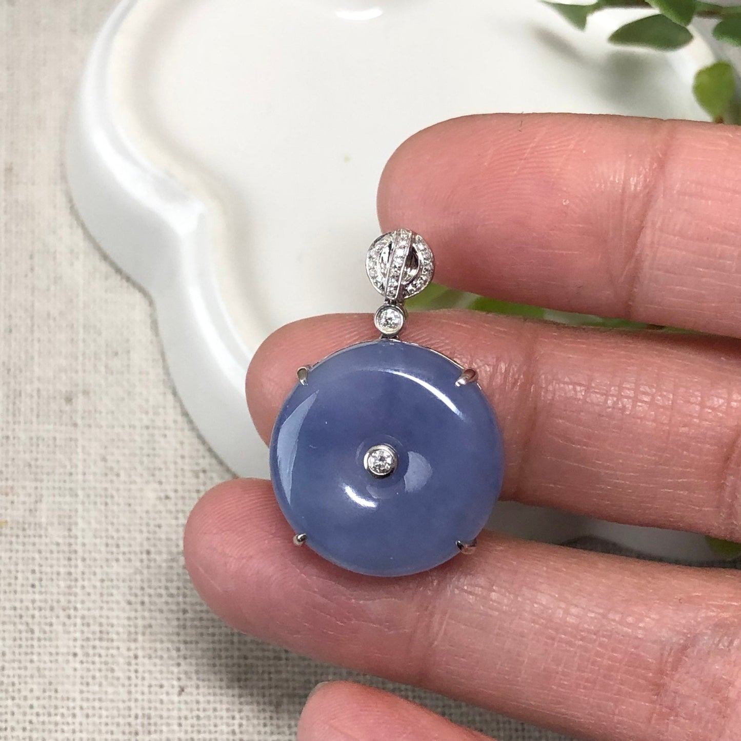 18K Jadeite Jade Dainty Rich Lavender Donut Pendant Diamonds