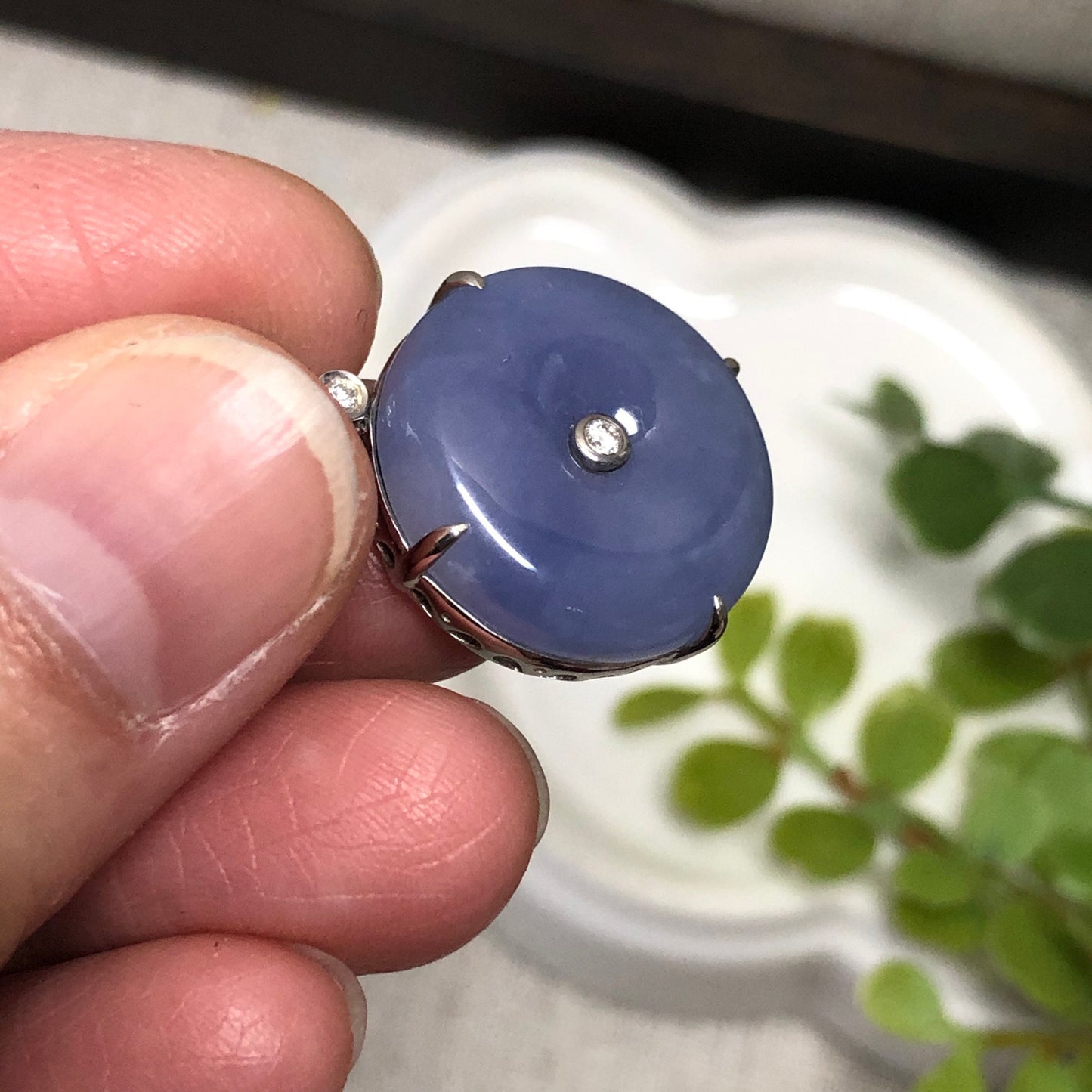 18K Jadeite Jade Dainty Rich Lavender Donut Pendant Diamonds