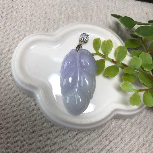 40mm Lavender Jadeite Jade Carved Leaf Pendant with 925 bail.