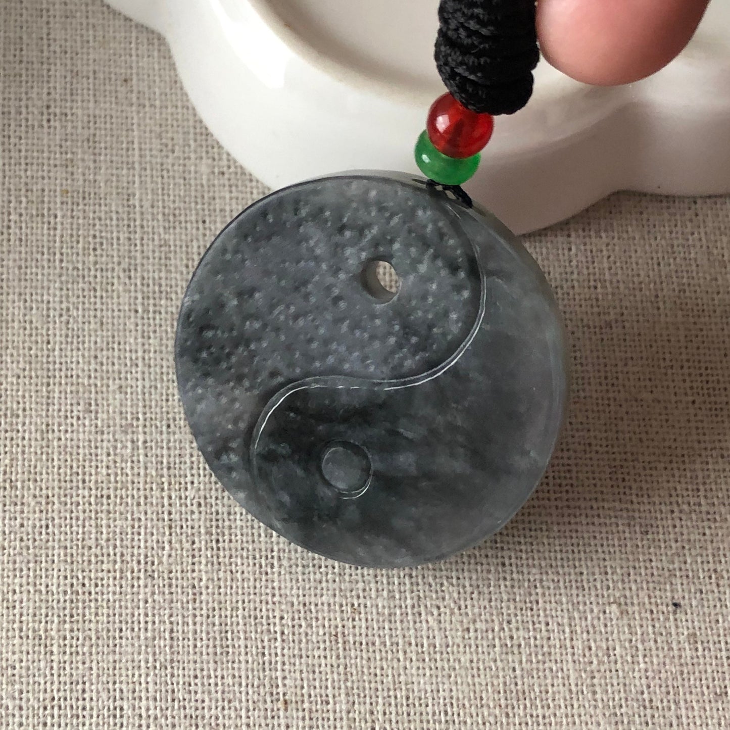 37.9mm Jadeite Jade Wuji Black Carved Yin Yang Pendant