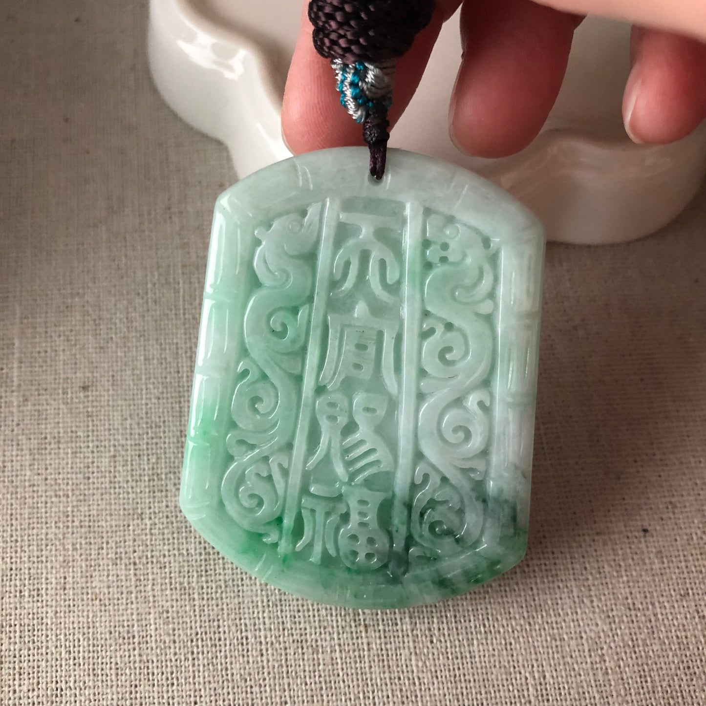 55.8mm Jadeite Jade Green Float Flowers Carved Yin Yang Asian Characters Pendant
