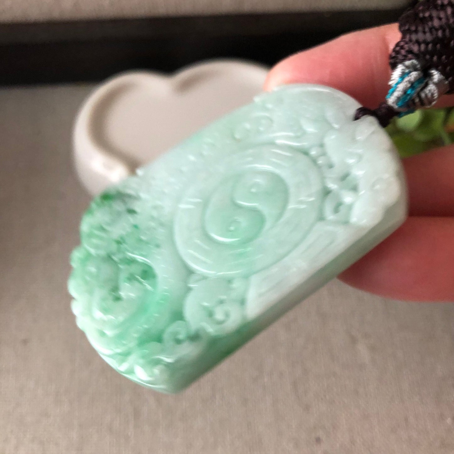 55.8mm Jadeite Jade Green Float Flowers Carved Yin Yang Asian Characters Pendant