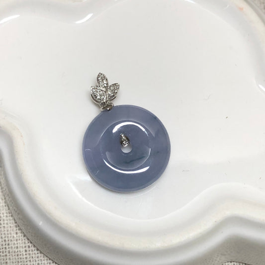 18K white gold 16.8mm Icy Lavender Green Float Flowers Jadeite Jade Donut Pendant