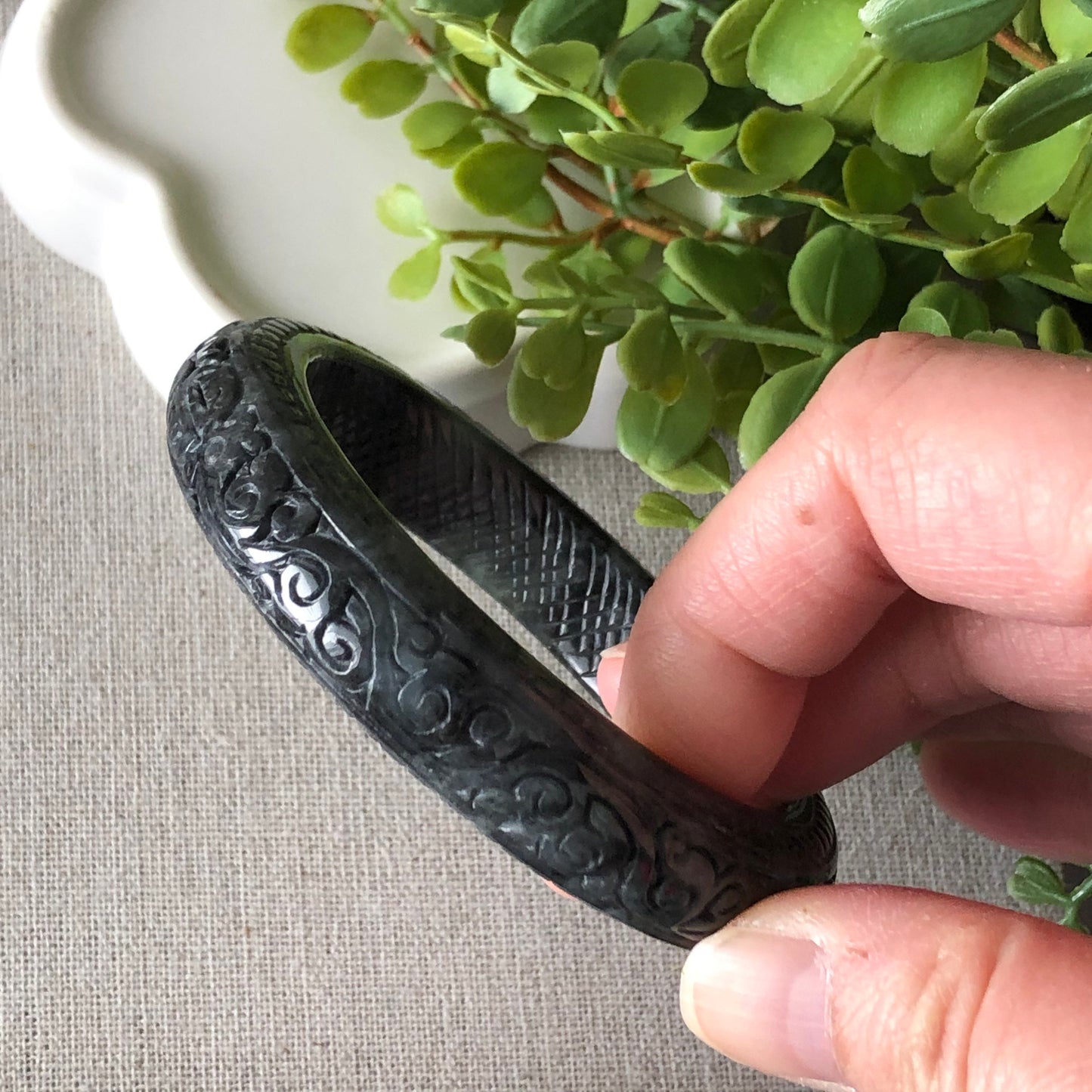 55mm Jadeite Jade Wuji Carved Black Bangle