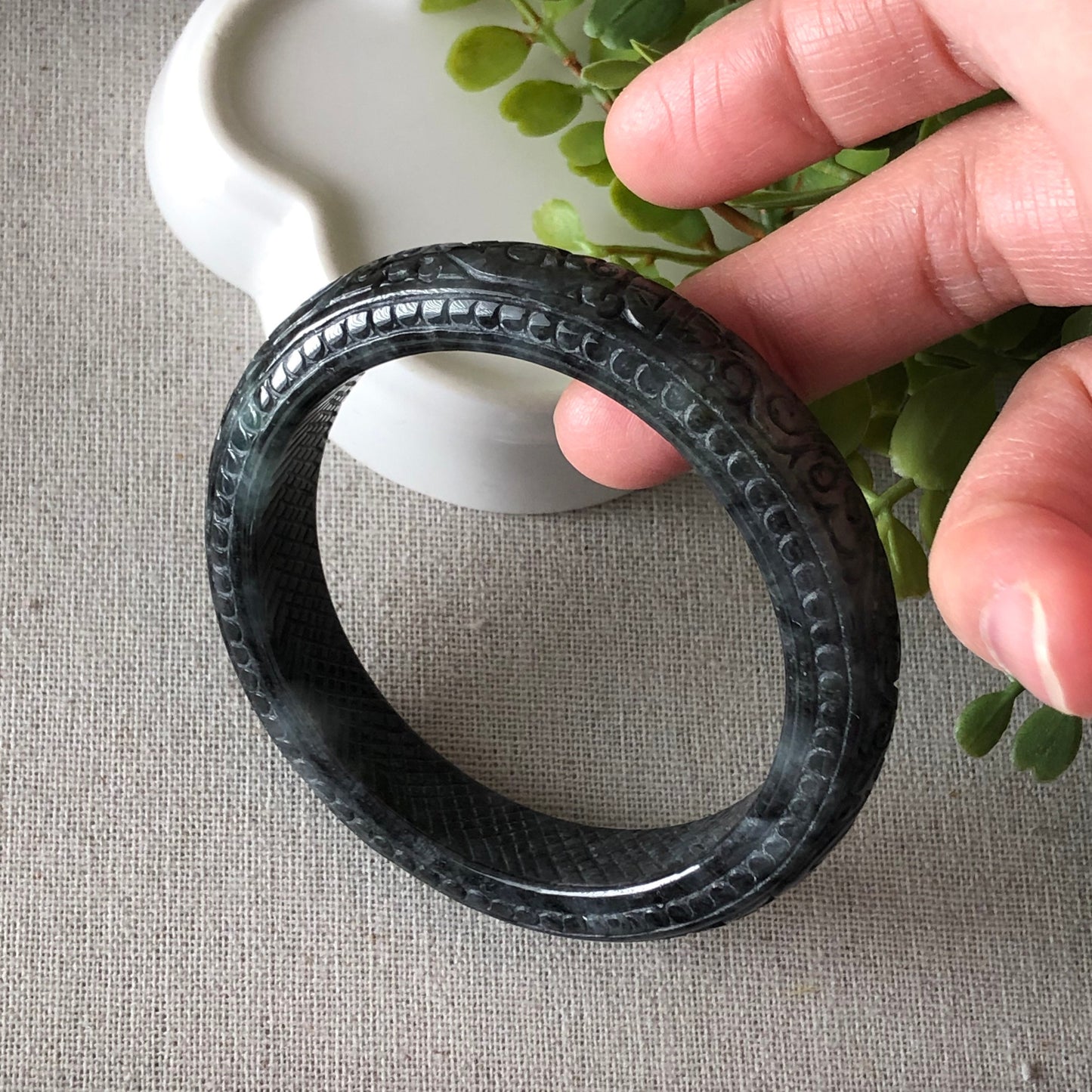 55mm Jadeite Jade Wuji Carved Black Bangle