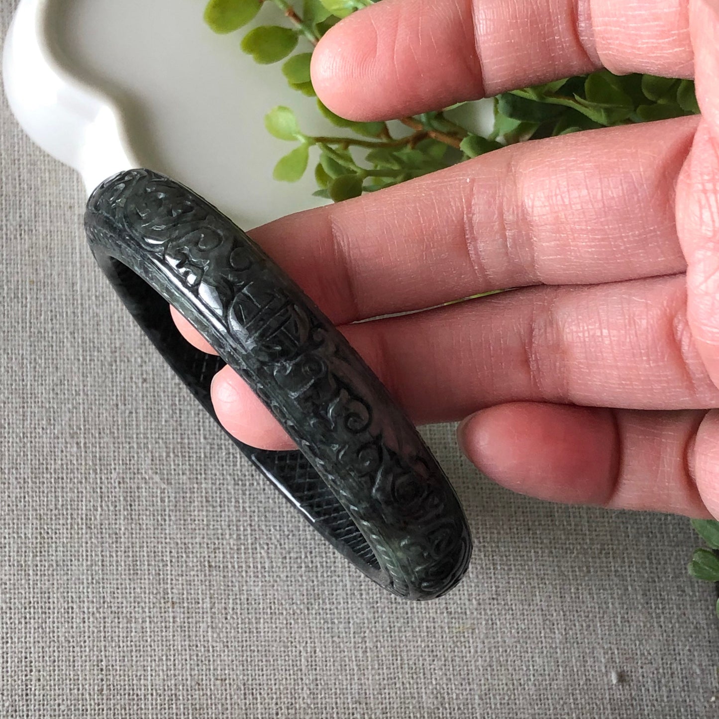 55mm Jadeite Jade Wuji Carved Black Bangle