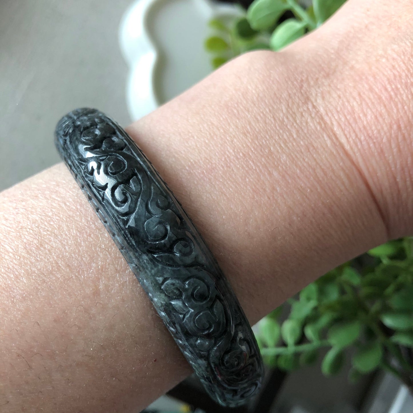 55mm Jadeite Jade Wuji Carved Black Bangle