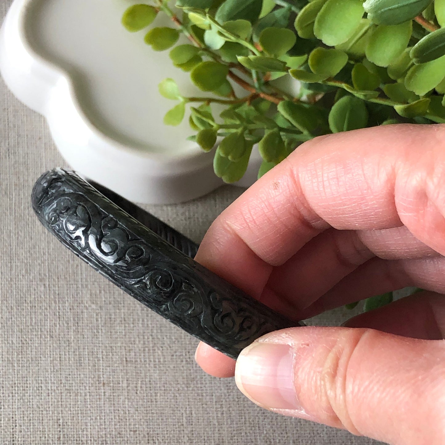 55mm Jadeite Jade Wuji Carved Black Bangle