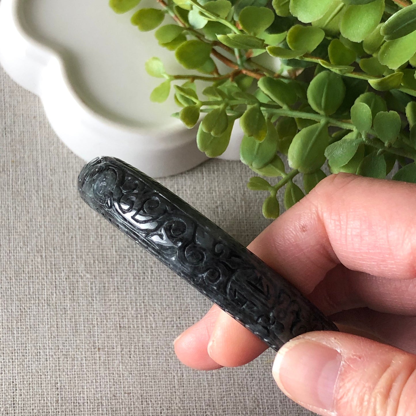 55mm Jadeite Jade Wuji Carved Black Bangle