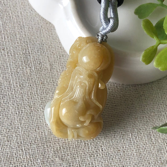 40mm Jadeite Jade Carved Yellow Longevity God Pendant
